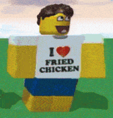 a lego character is wearing a shirt that says i heart fried chicken