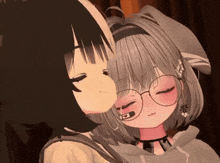 a couple of anime girls are hugging each other with their eyes closed .