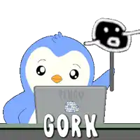 a penguin is holding a sign that says gork