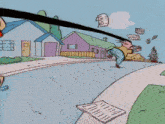 a cartoon character with a tongue sticking out and a bunch of papers flying around his head