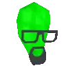 a pixel art illustration of a green gas mask with glasses and a beard .