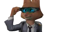 a cartoon fox wearing a suit and tie is adjusting his glasses