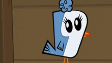 a cartoon character is hanging upside down with a bird on a stick