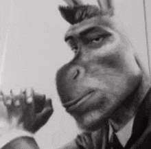 a black and white photo of a man in a suit and tie with a donkey head .