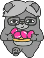 a cartoon drawing of a bear with glasses holding a bowl of pink eggs