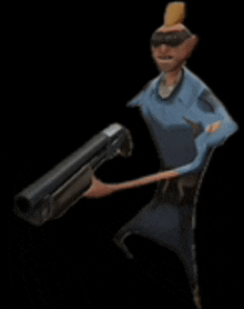 a man in a blue shirt is holding a gun in his hand .