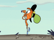 a cartoon cat wearing a green hat and a long arm