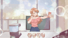 a cartoon of a woman taking a picture of herself with her phone
