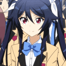 a girl with long black hair wearing a bow tie