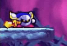 a cartoon character is laying on a purple surface in a video game .