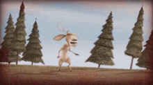 a cartoon deer with an arrow in its mouth is standing in a field surrounded by trees .