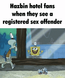 a cartoon of spongebob and squidward talking about hazbin hotel fans