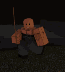 a roblox character with a huge muscle arm is holding a stick .