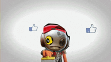 a robot wearing headphones and a red hat with the number 23 on it