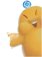 a yellow cartoon character with a blue circle on his head