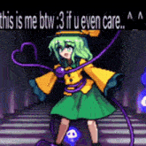 a pixel art of a girl with green hair and a purple string around her neck .