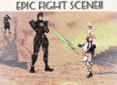 an epic fight scene is displayed on a poster