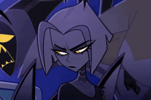 a cartoon drawing of a woman with a purple hair and yellow eyes