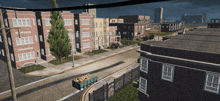 an aerial view of a residential area with a dumpster in the middle of the street
