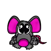 a cartoon drawing of a mouse with pink ears and tail