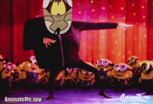 a cartoon character is dancing in front of a crowd of minions