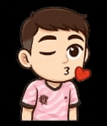 a cartoon boy is blowing a kiss with a heart on his cheek .