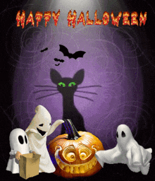 Happy Halloween Cat Pumpkin Ghosts GIF - Happy Halloween Cat Pumpkin Ghosts GIFs