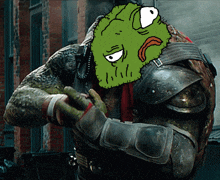 a cartoon of a turtle with a green face on it
