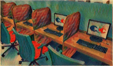 a painting of cubicles with cc written on the screens