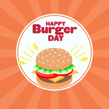 a happy burger day poster with a hamburger in the center