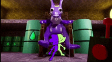 a purple and green cartoon character is standing next to a purple and green cartoon character in a room .
