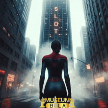 a woman in a spiderman costume stands in front of a building that says slot on it