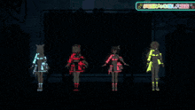 a group of anime girls are standing in front of a screen that says hololive 1st generation