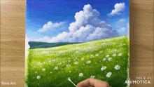 a painting of a field of white flowers is made in animoto