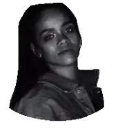 a black and white photo of a woman 's face with a white background