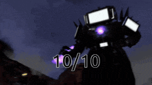 a robot is holding a purple sword and says 10/10 on the bottom
