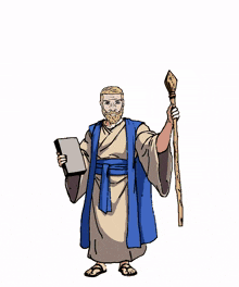 a cartoon of a man in a robe holding a cane and a book