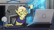 a cartoon of an orc holding a hammer in front of a computer