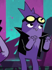 a purple cartoon character wearing sunglasses and a jacket