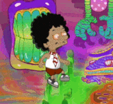 a cartoon character with curly hair and a tie is standing in front of a monster