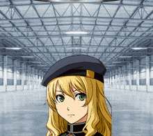 a blonde anime girl wearing a black hat is standing in a warehouse
