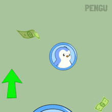 a cartoon of a penguin holding a clock and a dollar bill with the word pengu in the corner