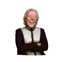 a man with gray hair is laughing with his eyes closed