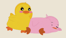 a yellow duck and a pink duck are laying down together