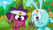 two cartoon characters looking through magnifying glasses and one has a red cross on his head