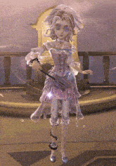 a girl in a pink dress is holding a sword in her hand