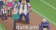 a group of anime characters are standing on a track with the word dankami in the corner