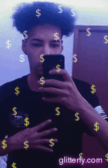 a man is taking a picture of himself with dollar signs surrounding him