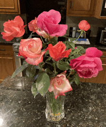 a vase filled with pink and red roses on a counter