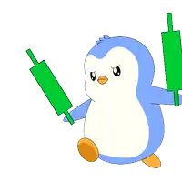 a cartoon penguin is holding two green sticks in its hands
